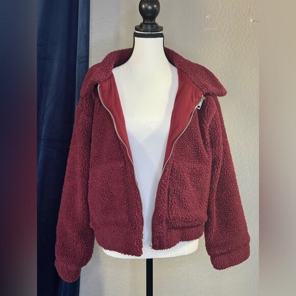 Hot Topic Burgundy Teddy Jacket Zip Front | Size S - Picture 1 of 7
